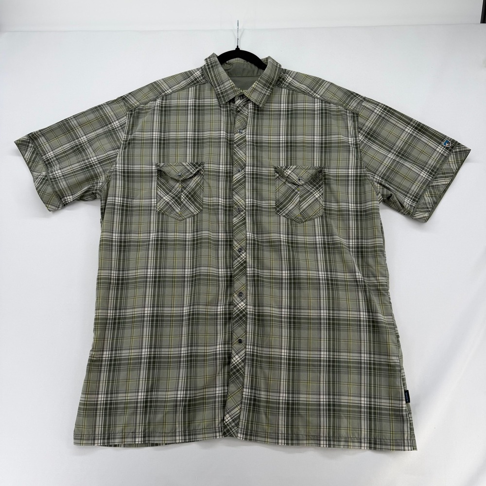 Kuhl Mens Short Sleeve Plaid Button Down Shirt Olive Green Gray XL